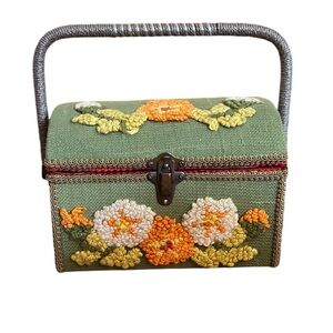 Vintage RARE JCPenney Crewel 70s Embroidered Sewing Notions Jewelry Trinket Box